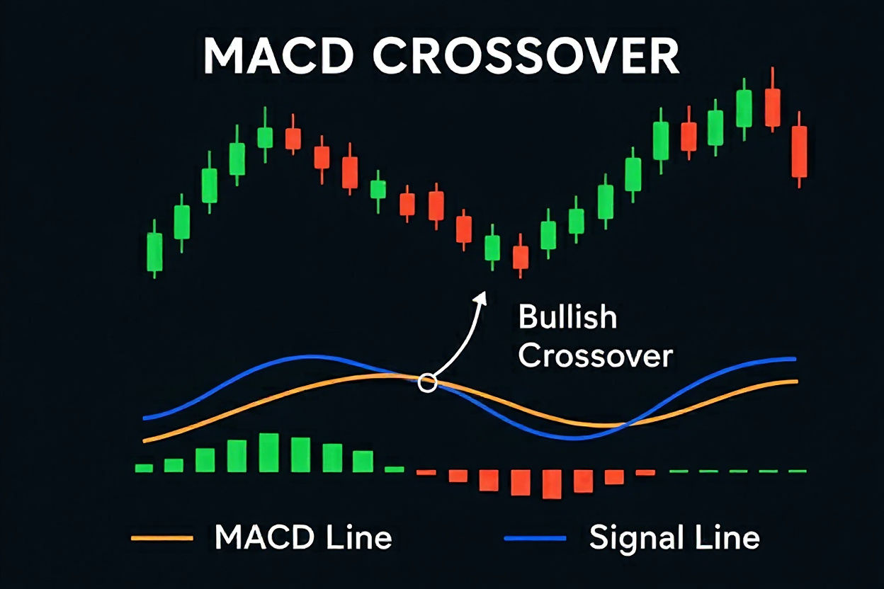 MACD crossover strategy chart showing bullish crossover signal when MACD line crosses above signal line with corresponding price action and histogram
